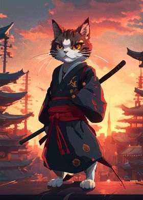 Samurai Cat  Japan Sunset