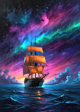 Ship Sea Aurora Borealis