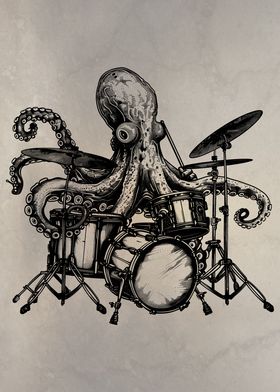 Retro Octopus Play Drums