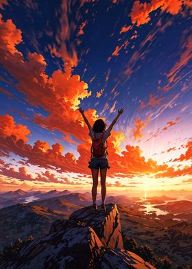 Girl on mountaintop sunset