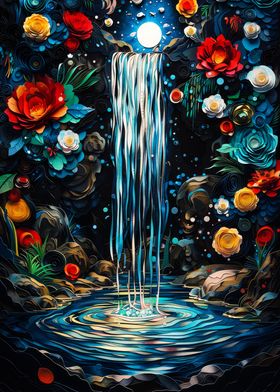 Moonlit Floral Waterfall