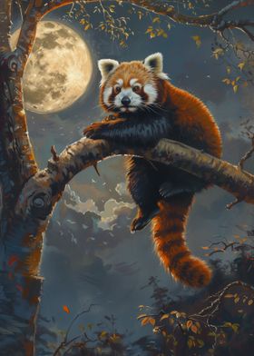 Red Panda Moon Tree Night