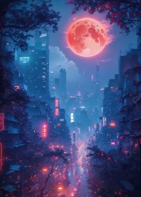 Neon City Moon Night