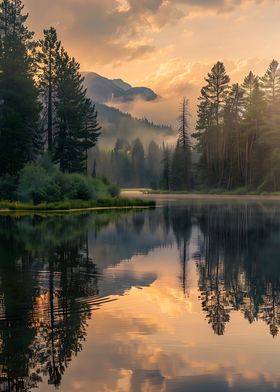 Sunrise Misty Forest Lake