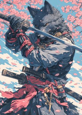 Samurai Wolf Under Sakura