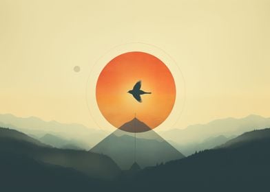 Mountains Sun Bird Vintage