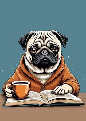 pug drink coffee read book