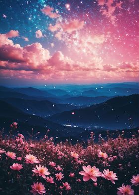 Pink Flowers and Night Sky