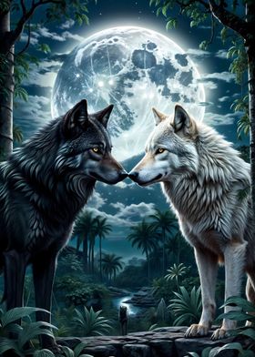 two wolf in forest moon