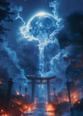 Moonlit Torii Waterfall