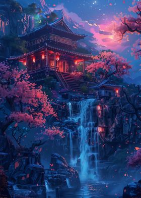 Neon Waterfall Temple