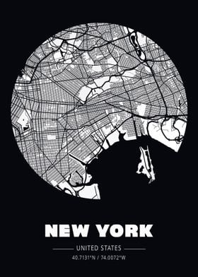 New York Black White Map