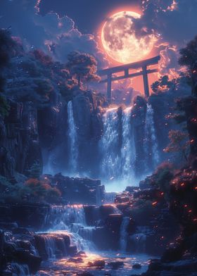 Moonlit Torii Waterfall