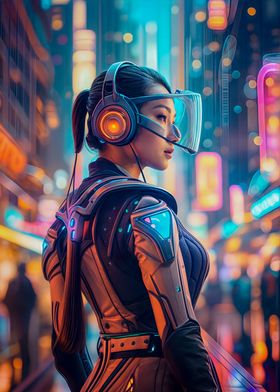 Girl in Neon VR Cityscape