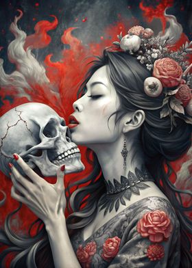 Woman kiss Skull