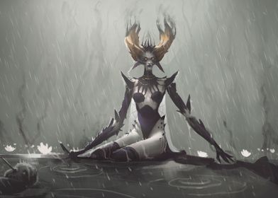 Evil fantasy girl in rain