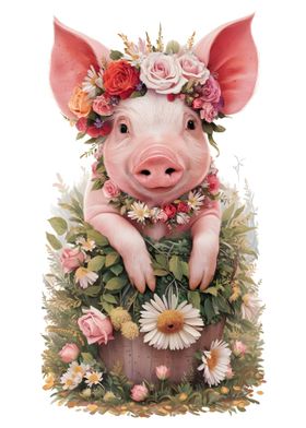 Cute Pig Floral Animal