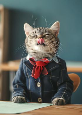 Student cat licks lips