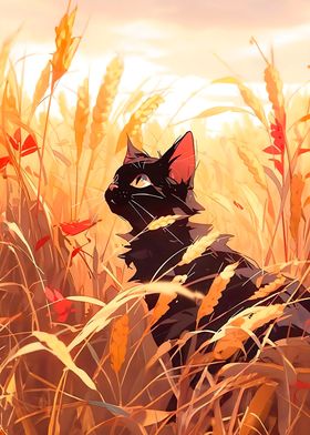 Black Cat sitting in Wheat