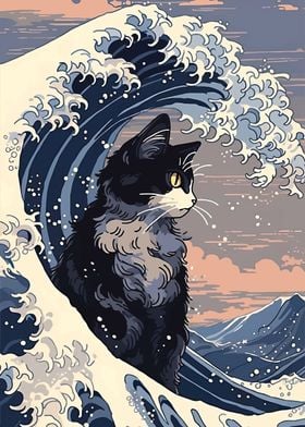 AESTHETIC CAT AND WAVE ART