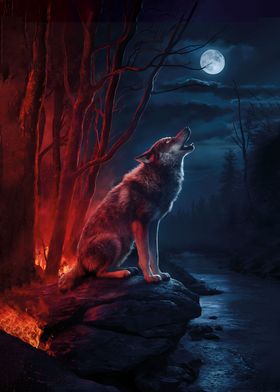 Lone Wolf in Fiery Forest