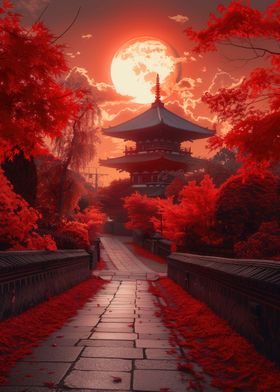 Japan temple in red bloody