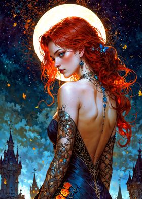 Woman Red Hair Moon Shine