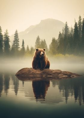 Bear on a lake in the fog