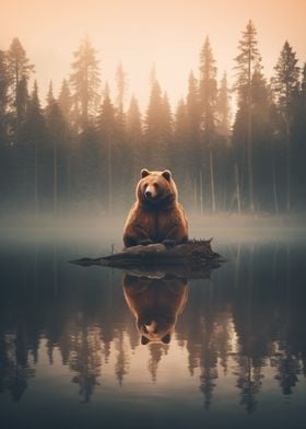 Bear on a lake in the fog