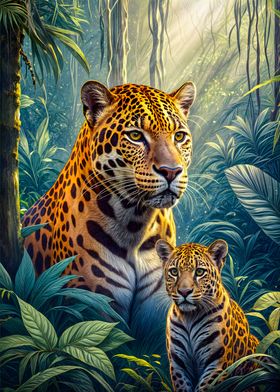 Jaguar with Cub in forest