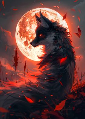 Kitsune fox and red moon