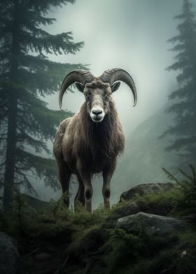 Mountain ram Foggy forest