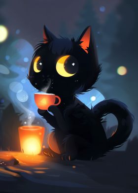 Black Cat Drinking Tea