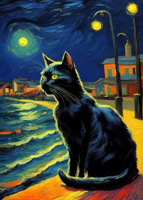 The Starry Night Black Cat