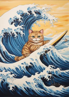 Cat Surfing Japanese Wave