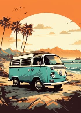 Retro VW Bus Beach Travel