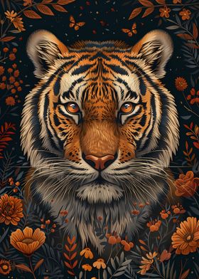 Tiger Portrait Flowers