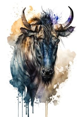 Wildebeest in watercolor