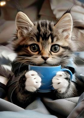 Cute cat drinking coffee