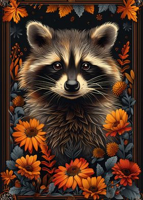 Raccoon Portrait Flowers