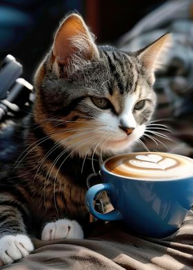 Cute cat drinking coffee