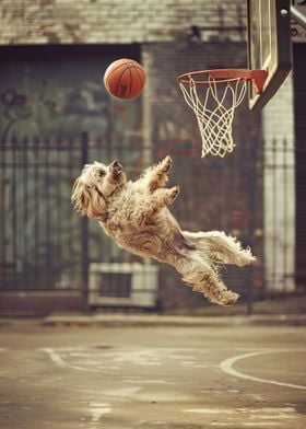 A dog playing basketball