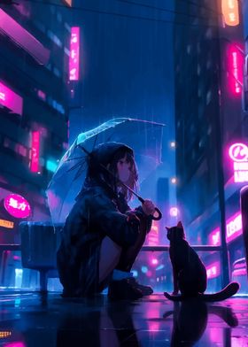 Girl Cat Rain Cyberpunk