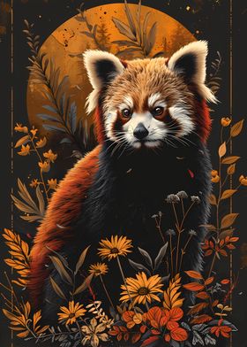 Red Panda Portrait Flowers