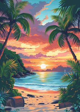 Hawaii Sunset Waves Pixel