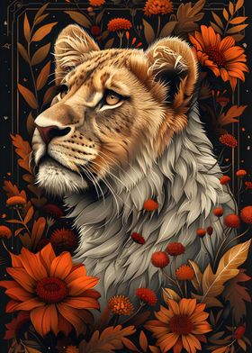 Lioness Portrait Flowers