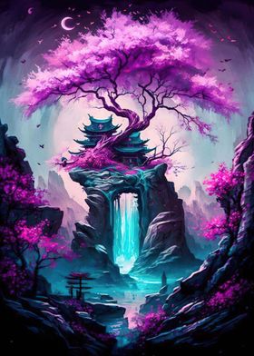 Neon waterfall temple