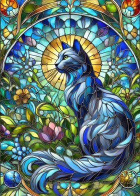 Stained glass blue cat