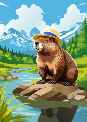 Beaver Wearing Straw Hat