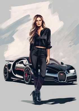 Woman in black and Bugatti